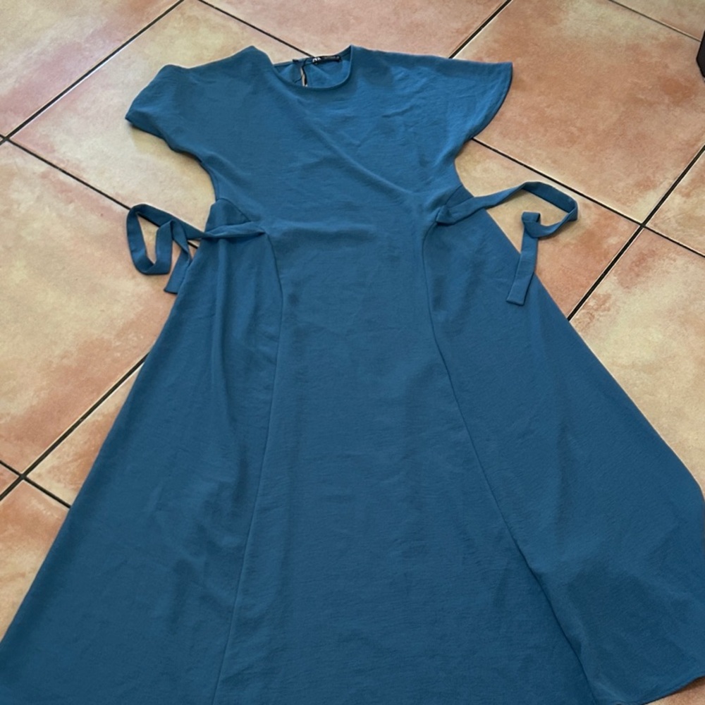 Zara Deep Teal Tie-Waist Midi Dress